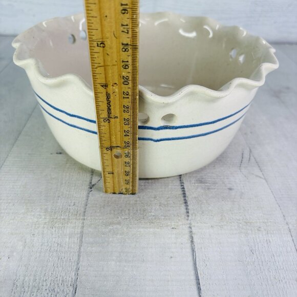 Clay Pen Pottery Beige Blue Pen Stripe Hand Crafted Creamic Bread Warming Bowl - Picture 11 of 15